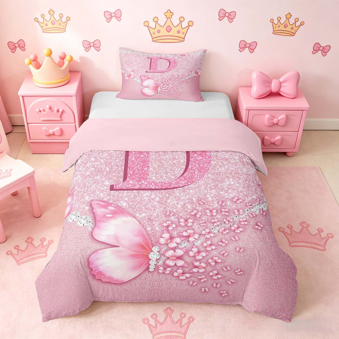 meiyoeat Pink Glitter Butterfly Monogrammed D Duvet Cover Set for Girls, Sparkle Floral Initial Letter Bedding Full, Pink Reversible3 Pieces, 1 Duvet Cover and 2 Pillowcases