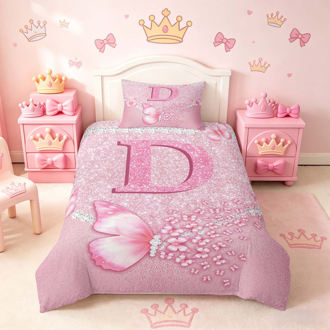 meiyoeat Pink Glitter Butterfly Monogrammed D Duvet Cover Set for Girls, Sparkle Floral Initial Letter Bedding Full, Pink Reversible3 Pieces, 1 Duvet Cover and 2 Pillowcases