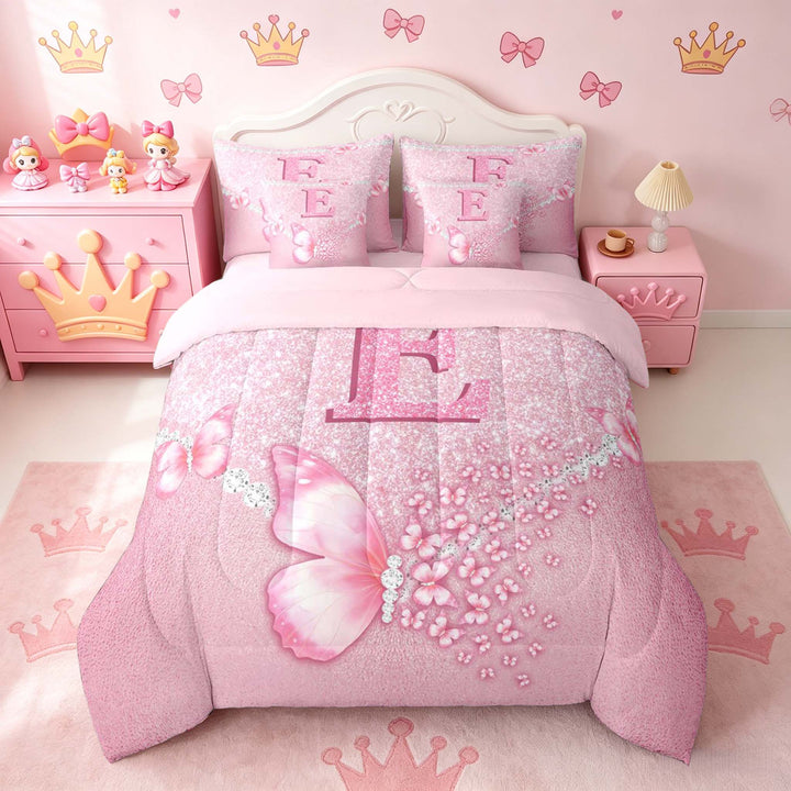 meiyoeat Pink Glitter Butterfly Monogrammed E Bedding Comforter Set for Girls, Sparkle Floral Initial Letter Full Bedding Set, Pink Reversible 7-Piece
