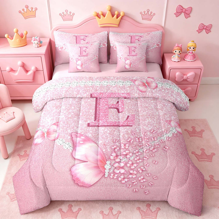 meiyoeat Pink Glitter Butterfly Monogrammed E Bedding Comforter Set for Girls, Sparkle Floral Initial Letter Full Bedding Set, Pink Reversible 7-Piece