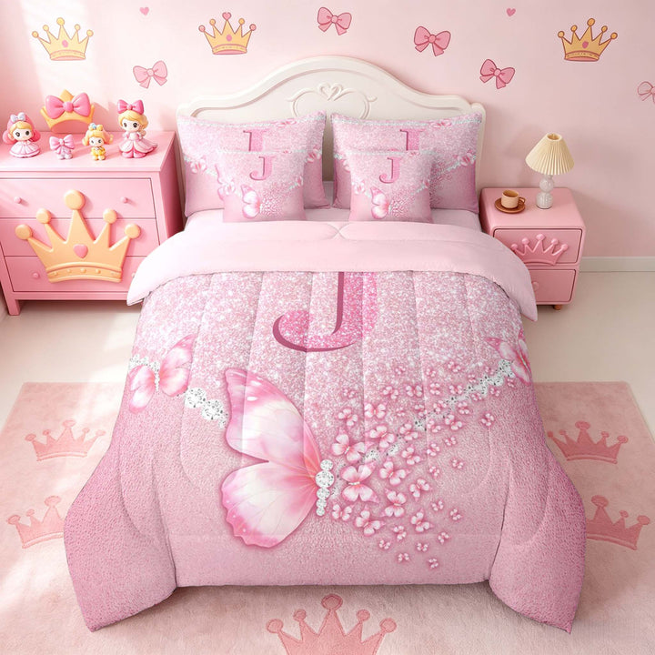meiyoeat Pink Glitter Butterfly Monogrammed J Bedding Comforter Set for Girls, Sparkle Floral Initial Letter Full Bedding Set, Pink Reversible 7 Pieces