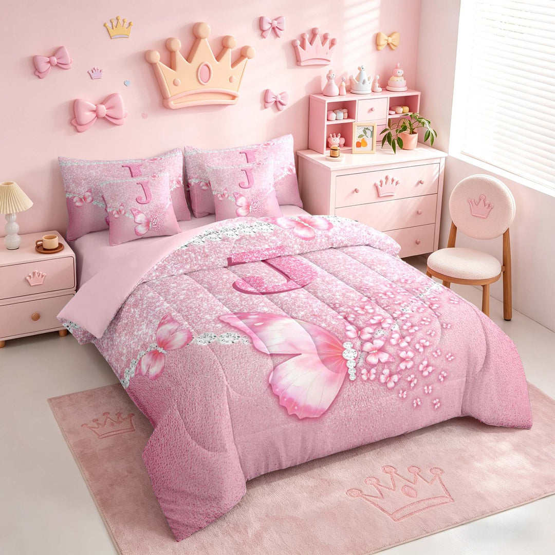 meiyoeat Pink Glitter Butterfly Monogrammed J Bedding Comforter Set for Girls, Sparkle Floral Initial Letter Full Bedding Set, Pink Reversible 7 Pieces