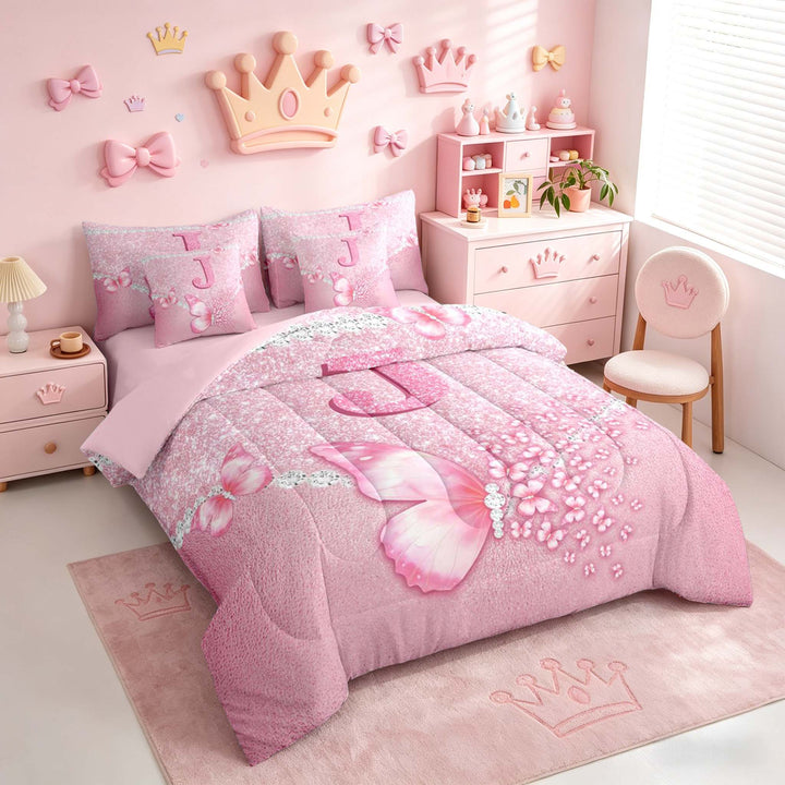 meiyoeat Pink Glitter Butterfly Monogrammed J Bedding Comforter Set for Girls, Sparkle Floral Initial Letter Full Bedding Set, Pink Reversible 7 Pieces