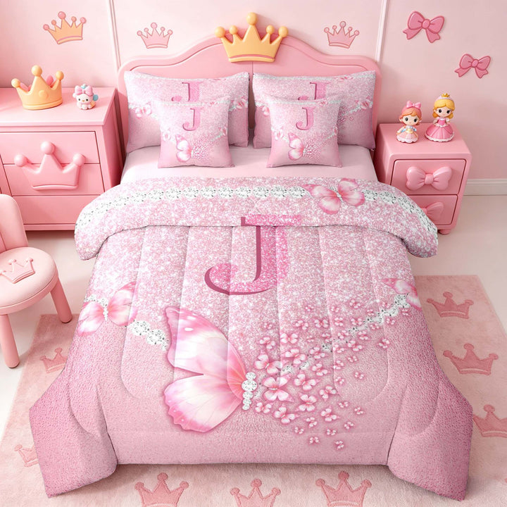 meiyoeat Pink Glitter Butterfly Monogrammed J Bedding Comforter Set for Girls, Sparkle Floral Initial Letter Full Bedding Set, Pink Reversible 7 Pieces