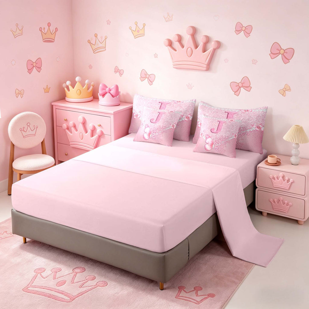 meiyoeat Pink Glitter Butterfly Monogrammed J Bedding Comforter Set for Girls, Sparkle Floral Initial Letter Full Bedding Set, Pink Reversible 7 Pieces