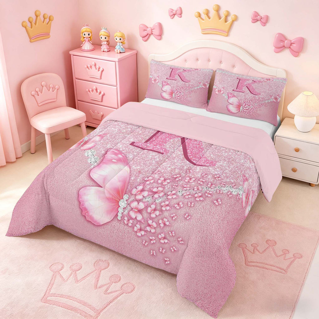 meiyoeat Pink Glitter Butterfly Monogrammed K Full Size Comforter Sets for Girls, Sparkle Floral Initial Letter Bedding Sets, Pink Reversible 3-Piece, 1 Comforter and 2 Pillowcases