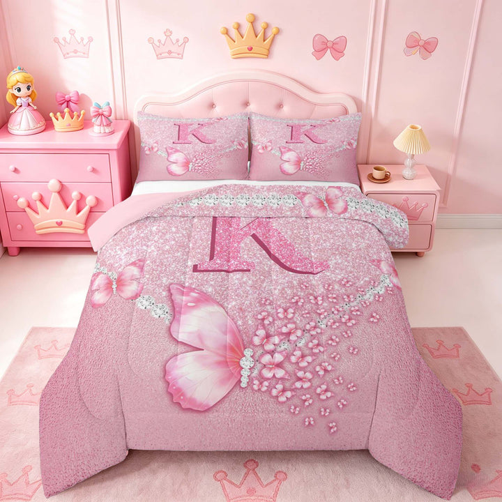 meiyoeat Pink Glitter Butterfly Monogrammed K Full Size Comforter Sets for Girls, Sparkle Floral Initial Letter Bedding Sets, Pink Reversible 3-Piece, 1 Comforter and 2 Pillowcases