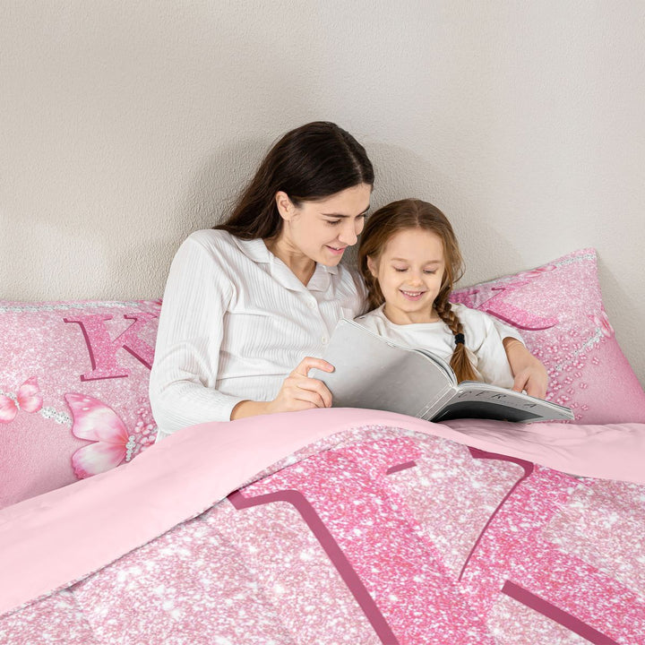 meiyoeat Pink Glitter Butterfly Monogrammed K Full Size Comforter Sets for Girls, Sparkle Floral Initial Letter Bedding Sets, Pink Reversible 3-Piece, 1 Comforter and 2 Pillowcases
