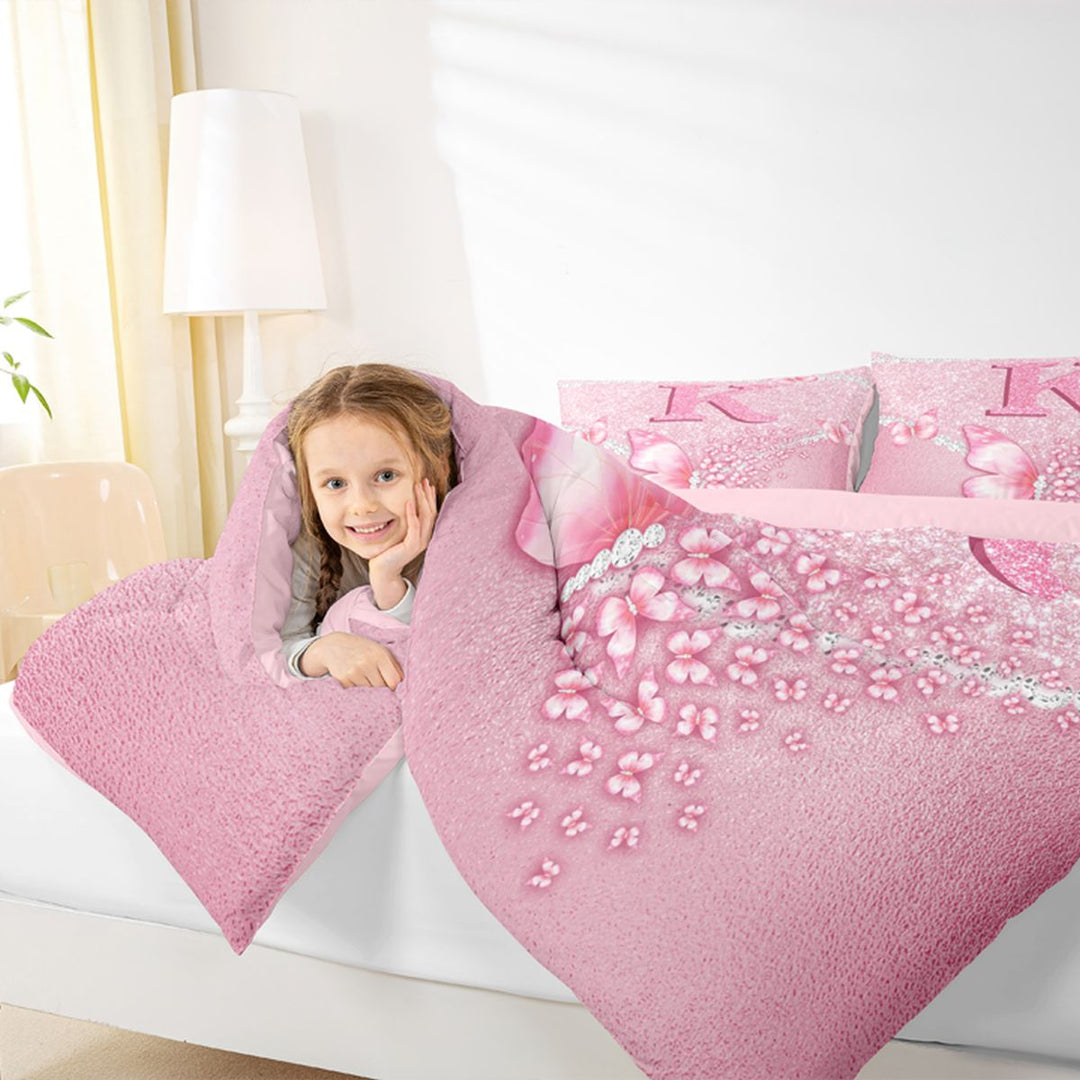 meiyoeat Pink Glitter Butterfly Monogrammed K Bedding Comforter Set for Girls, Sparkle Floral Initial Letter Full Bedding Set, Pink Reversible 7-Piece