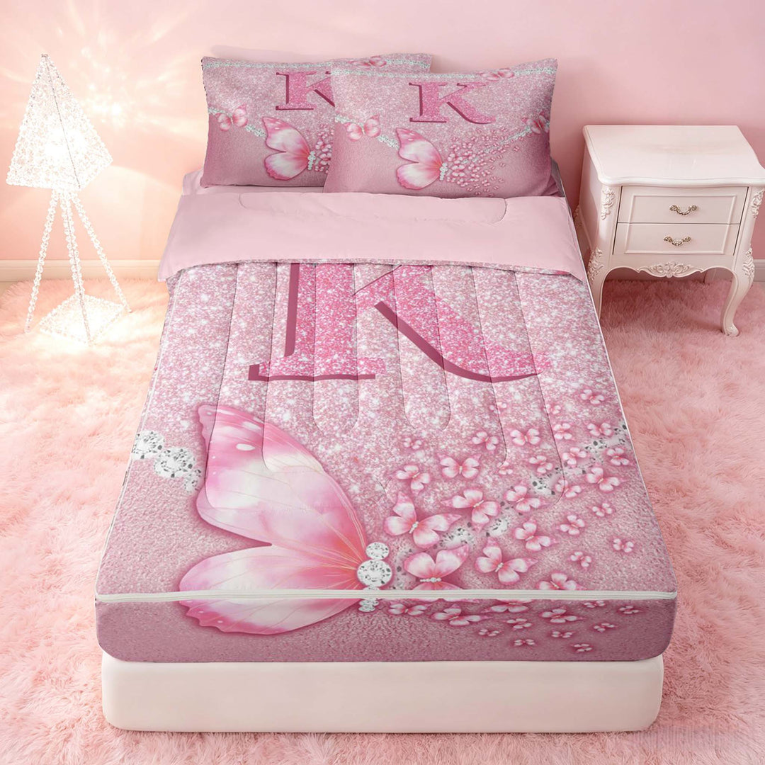 meiyoeat Pink Glitter Butterfly Monogrammed K Zipper Full Size Comforter Sets with Fitted Sheet and 2 Pillowcases for Girls, Sparkle Floral Initial Letter Zipper Bedding Set, Pink Reversible