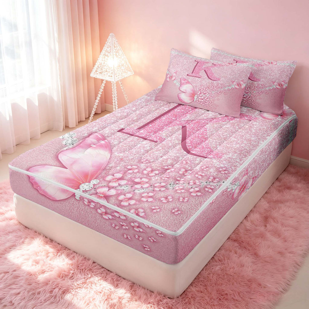 meiyoeat Pink Glitter Butterfly Monogrammed K Zipper Full Size Comforter Sets with Fitted Sheet and 2 Pillowcases for Girls, Sparkle Floral Initial Letter Zipper Bedding Set, Pink Reversible