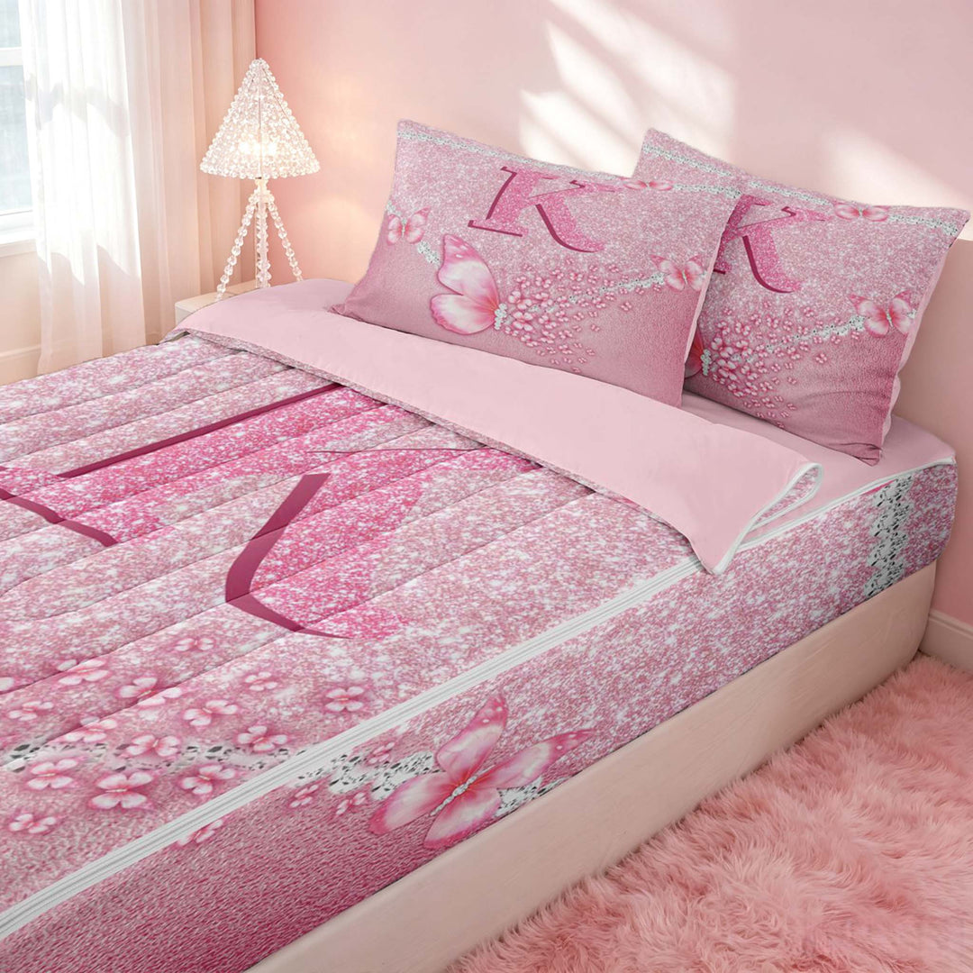 meiyoeat Pink Glitter Butterfly Monogrammed K Zipper Full Size Comforter Sets with Fitted Sheet and 2 Pillowcases for Girls, Sparkle Floral Initial Letter Zipper Bedding Set, Pink Reversible
