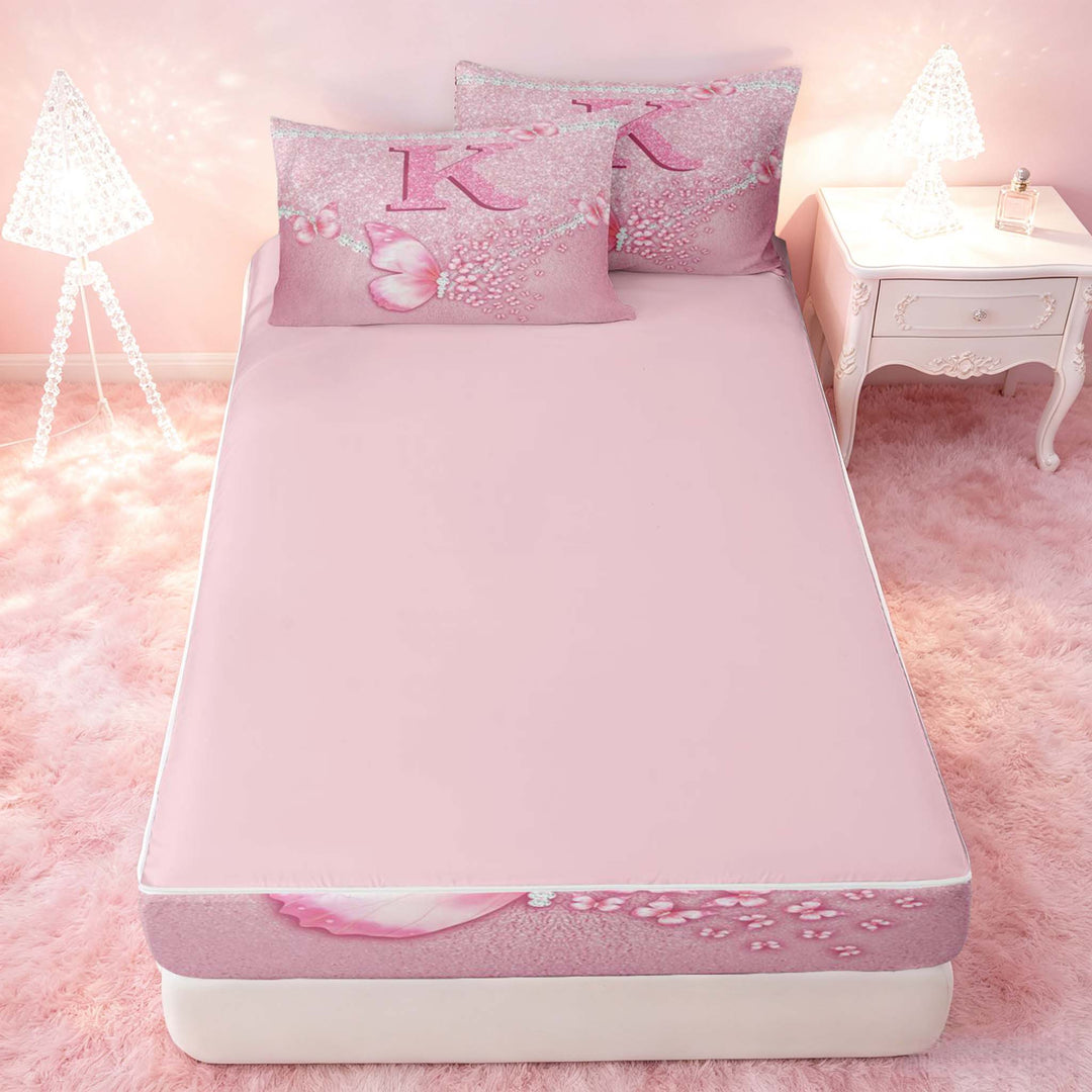 meiyoeat Pink Glitter Butterfly Monogrammed K Zipper Full Size Comforter Sets with Fitted Sheet and 2 Pillowcases for Girls, Sparkle Floral Initial Letter Zipper Bedding Set, Pink Reversible
