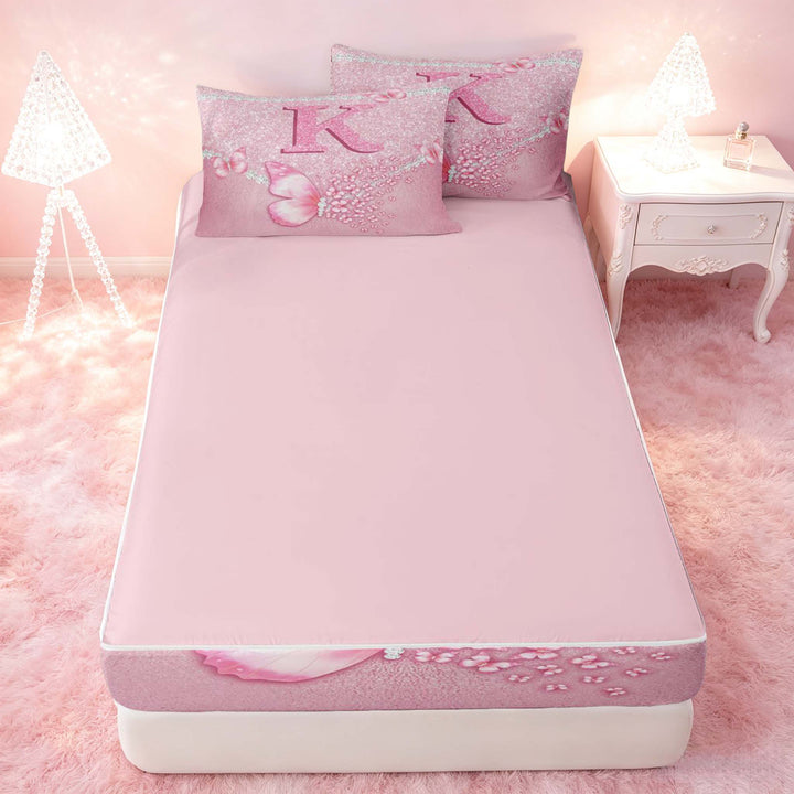 meiyoeat Pink Glitter Butterfly Monogrammed K Zipper Full Size Comforter Sets with Fitted Sheet and 2 Pillowcases for Girls, Sparkle Floral Initial Letter Zipper Bedding Set, Pink Reversible