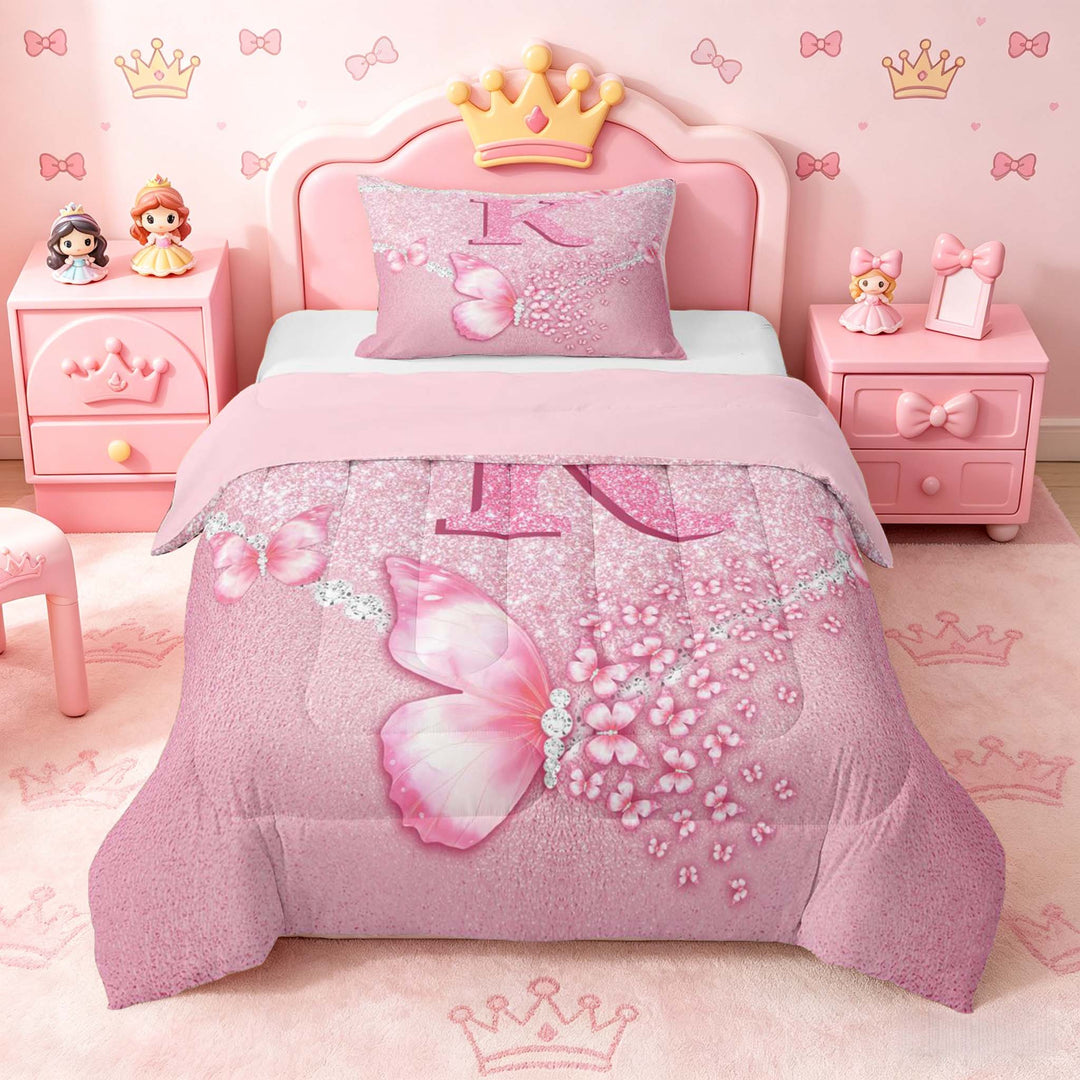 meiyoeat Pink Glitter Butterfly Monogrammed K Full Size Comforter Sets for Girls, Sparkle Floral Initial Letter Bedding Sets, Pink Reversible 3-Piece, 1 Comforter and 2 Pillowcases