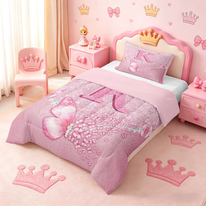 meiyoeat Pink Glitter Butterfly Monogrammed K Full Size Comforter Sets for Girls, Sparkle Floral Initial Letter Bedding Sets, Pink Reversible 3-Piece, 1 Comforter and 2 Pillowcases