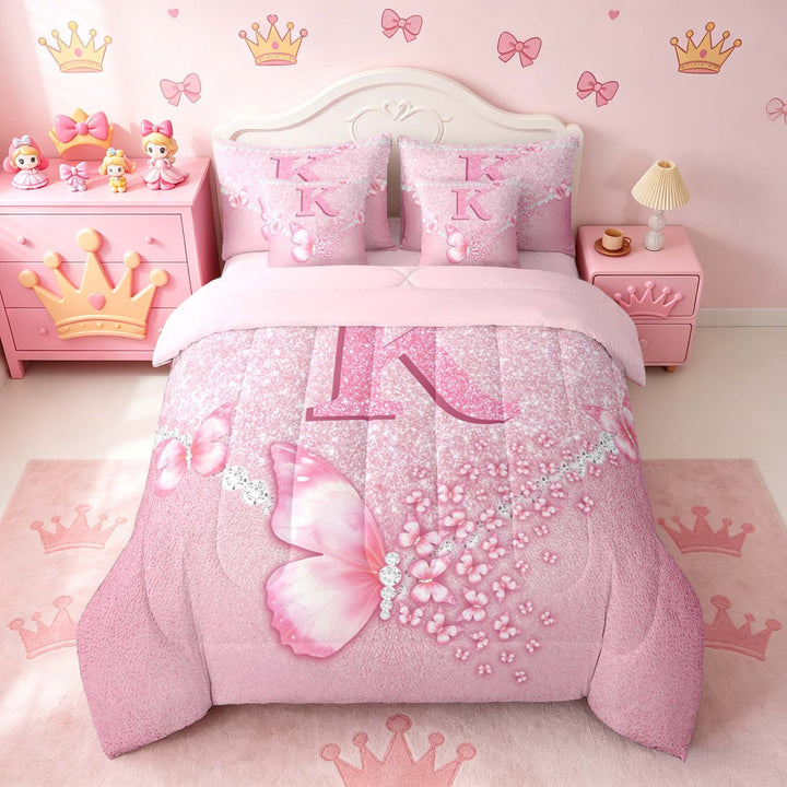 meiyoeat Pink Glitter Butterfly Monogrammed K Bedding Comforter Set for Girls, Sparkle Floral Initial Letter Full Bedding Set, Pink Reversible 7-Piece