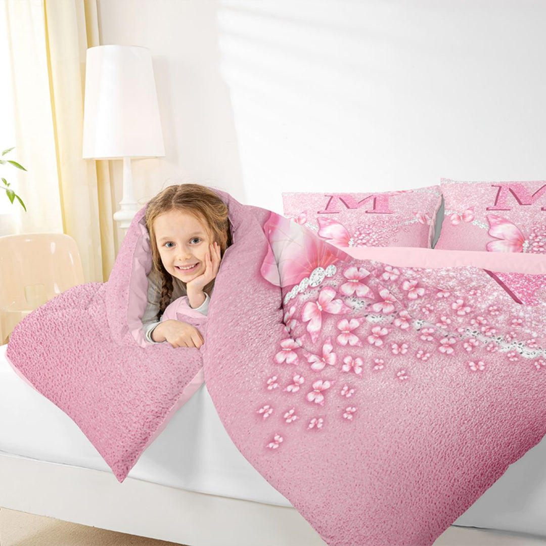 meiyoeat Pink Glitter Butterfly Monogrammed M Bedding Comforter Set for Girls, Sparkle Floral Initial Letter Full Bedding Set, Pink Reversible 7 Pieces