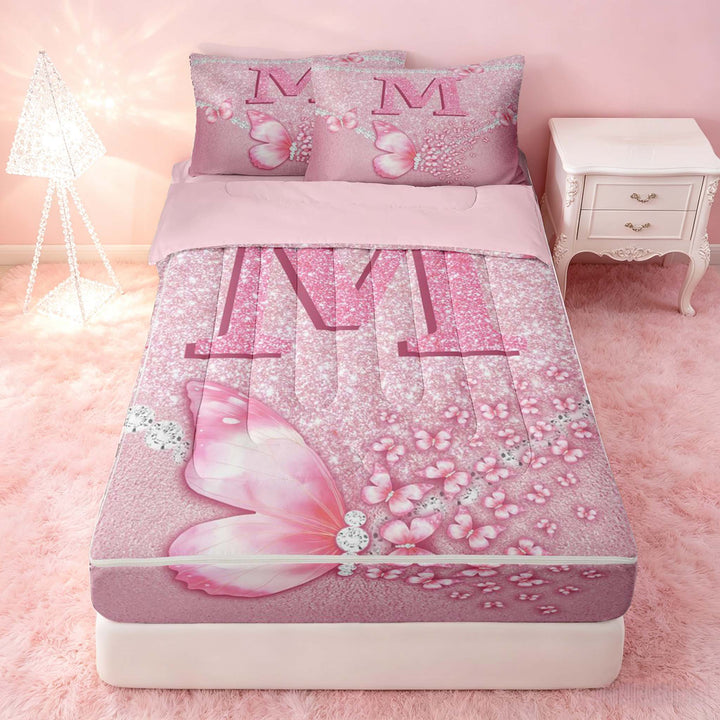 meiyoeat Pink Glitter Butterfly Monogrammed M Zipper Full Size Comforter Sets with Fitted Sheet and 2 Pillowcases for Girls, Sparkle Floral Initial Letter Zipper Bedding Set, Pink Reversible