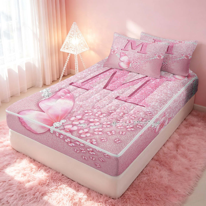 meiyoeat Pink Glitter Butterfly Monogrammed M Zipper Full Size Comforter Sets with Fitted Sheet and 2 Pillowcases for Girls, Sparkle Floral Initial Letter Zipper Bedding Set, Pink Reversible