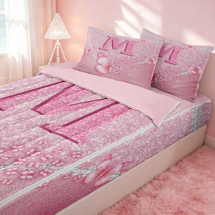 meiyoeat Pink Glitter Butterfly Monogrammed M Zipper Full Size Comforter Sets with Fitted Sheet and 2 Pillowcases for Girls, Sparkle Floral Initial Letter Zipper Bedding Set, Pink Reversible