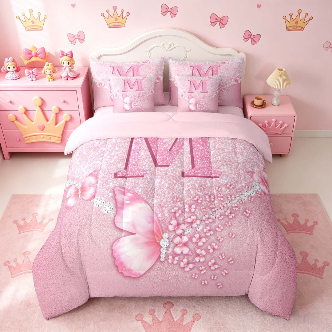 meiyoeat Pink Glitter Butterfly Monogrammed M Bedding Comforter Set for Girls, Sparkle Floral Initial Letter Full Bedding Set, Pink Reversible 7 Pieces