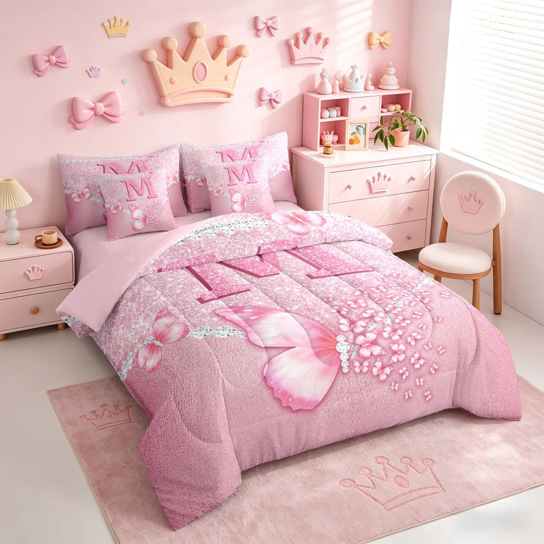 meiyoeat Pink Glitter Butterfly Monogrammed M Bedding Comforter Set for Girls, Sparkle Floral Initial Letter Full Bedding Set, Pink Reversible 7 Pieces