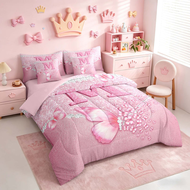 meiyoeat Pink Glitter Butterfly Monogrammed M Bedding Comforter Set for Girls, Sparkle Floral Initial Letter Full Bedding Set, Pink Reversible 7 Pieces