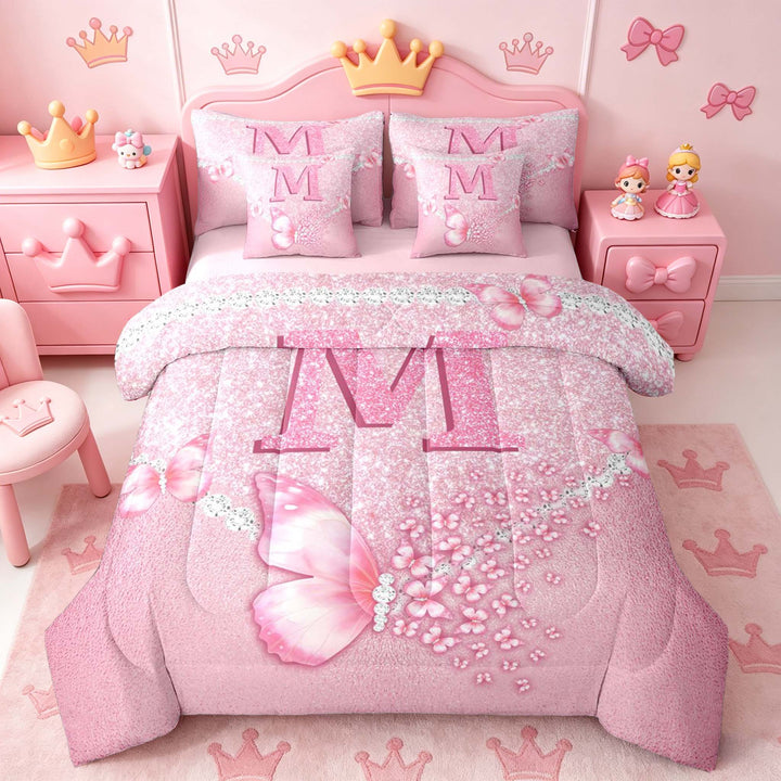 meiyoeat Pink Glitter Butterfly Monogrammed M Bedding Comforter Set for Girls, Sparkle Floral Initial Letter Full Bedding Set, Pink Reversible 7 Pieces
