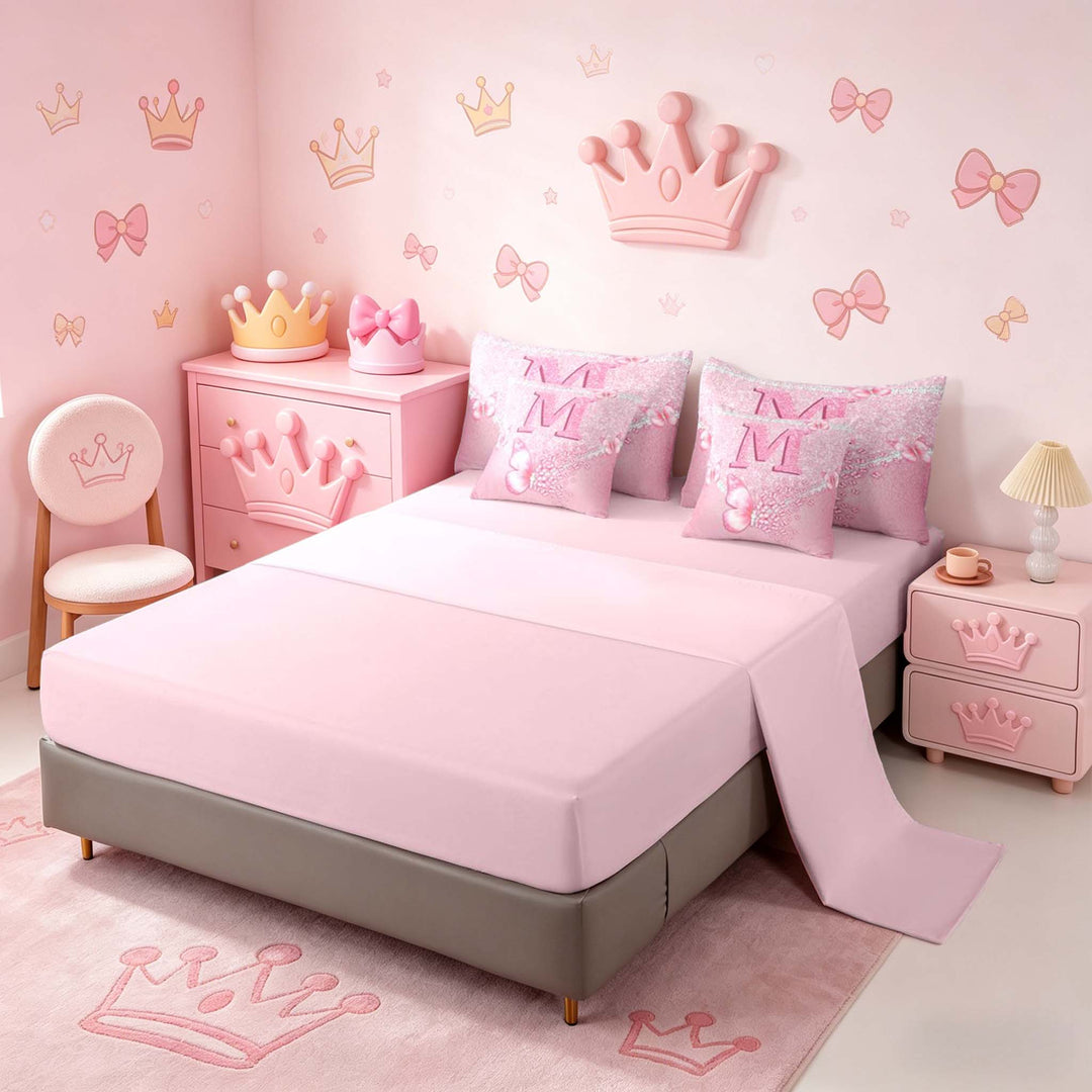 meiyoeat Pink Glitter Butterfly Monogrammed M Bedding Comforter Set for Girls, Sparkle Floral Initial Letter Full Bedding Set, Pink Reversible 7 Pieces