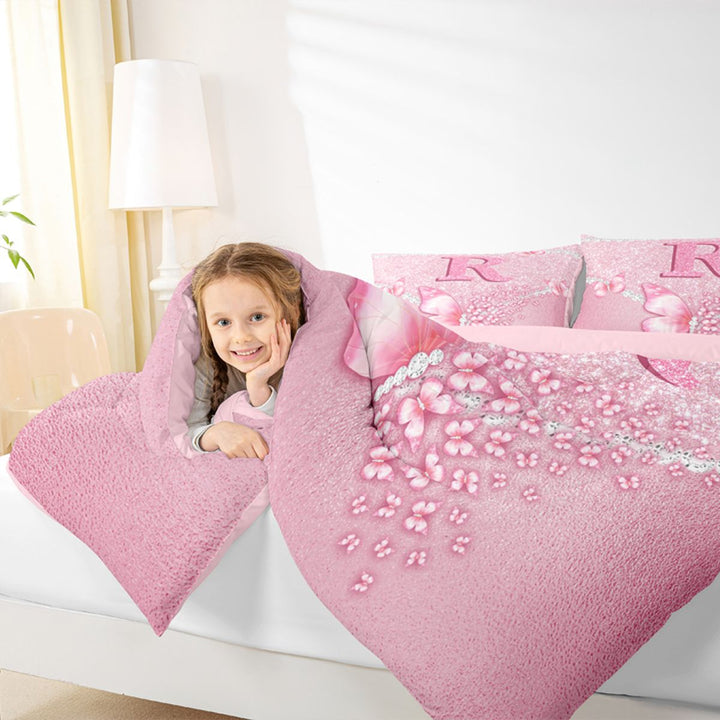 meiyoeat Pink Glitter Butterfly Monogrammed R Bedding Comforter Set for Girls, Sparkle Floral Initial Letter Full Bedding Set, Pink Reversible 7pcs