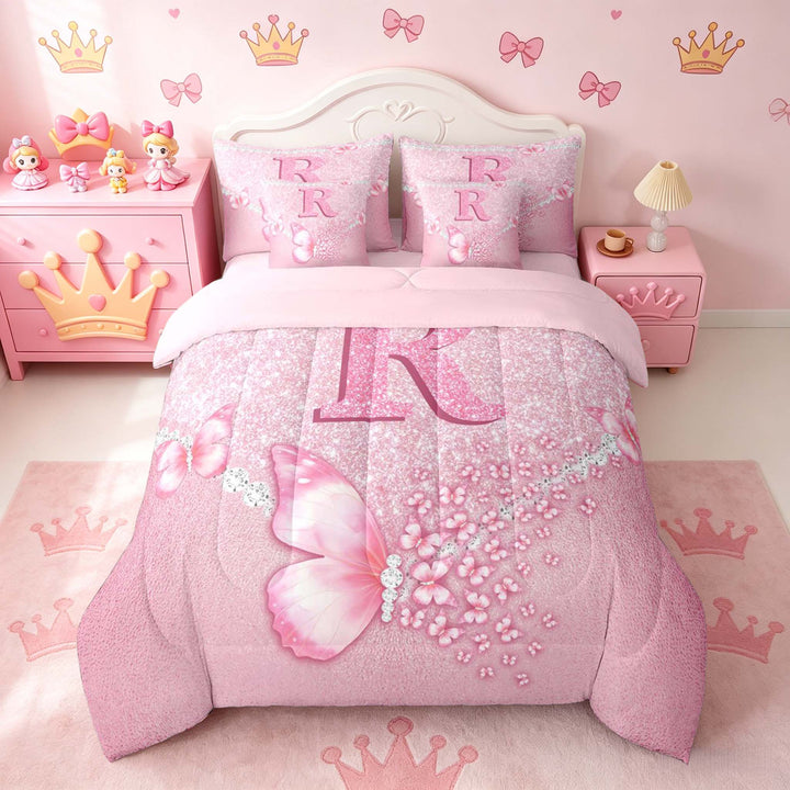 meiyoeat Pink Glitter Butterfly Monogrammed R Bedding Comforter Set for Girls, Sparkle Floral Initial Letter Full Bedding Set, Pink Reversible 7pcs