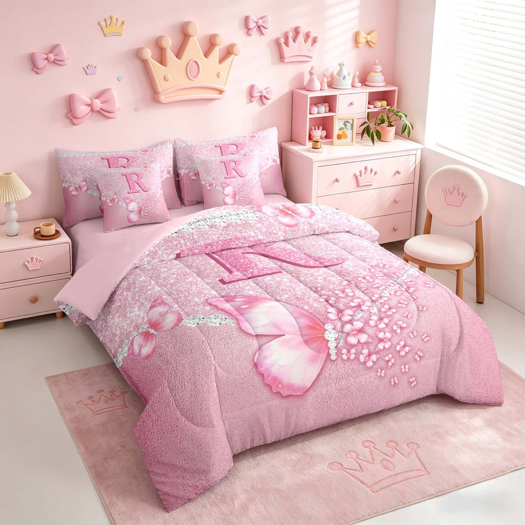 meiyoeat Pink Glitter Butterfly Monogrammed R Bedding Comforter Set for Girls, Sparkle Floral Initial Letter Full Bedding Set, Pink Reversible 7pcs