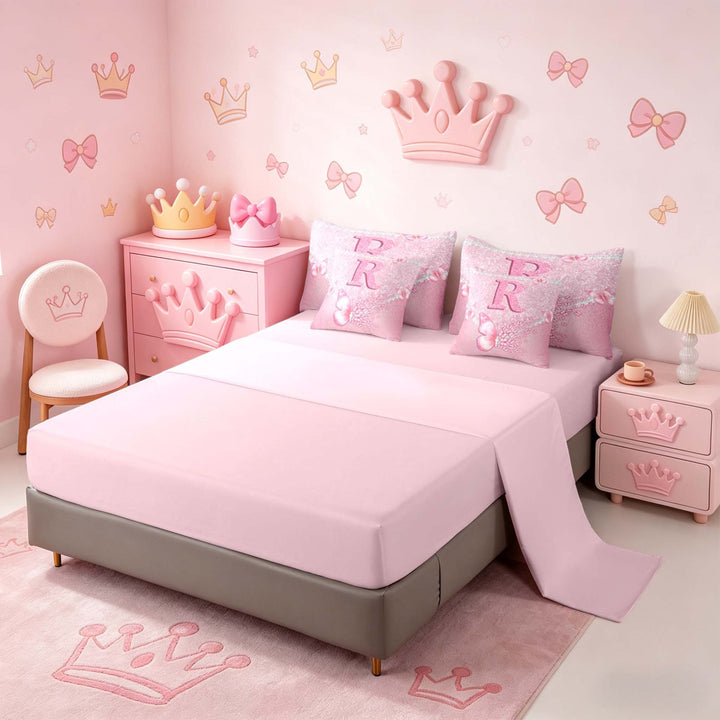 meiyoeat Pink Glitter Butterfly Monogrammed R Bedding Comforter Set for Girls, Sparkle Floral Initial Letter Full Bedding Set, Pink Reversible 7pcs