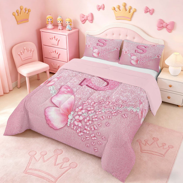 meiyoeat Pink Glitter Butterfly Monogrammed S Full Size Comforter Sets for Girls, Sparkle Floral Initial Letter Bedding Sets, Pink Reversible 3 Pieces, 1 Comforter and 2 Pillowcases