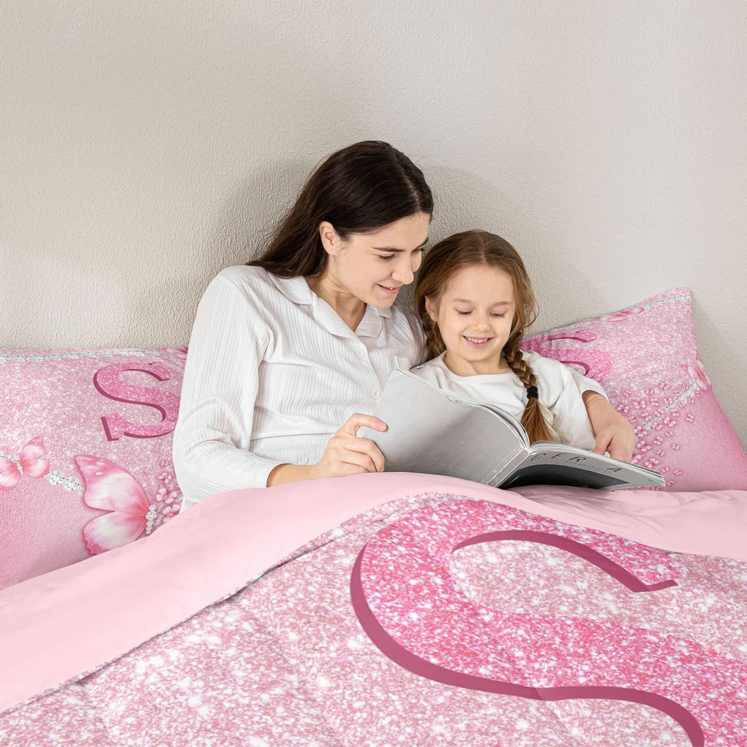 meiyoeat Pink Glitter Butterfly Monogrammed S Full Size Comforter Sets for Girls, Sparkle Floral Initial Letter Bedding Sets, Pink Reversible 3 Pieces, 1 Comforter and 2 Pillowcases