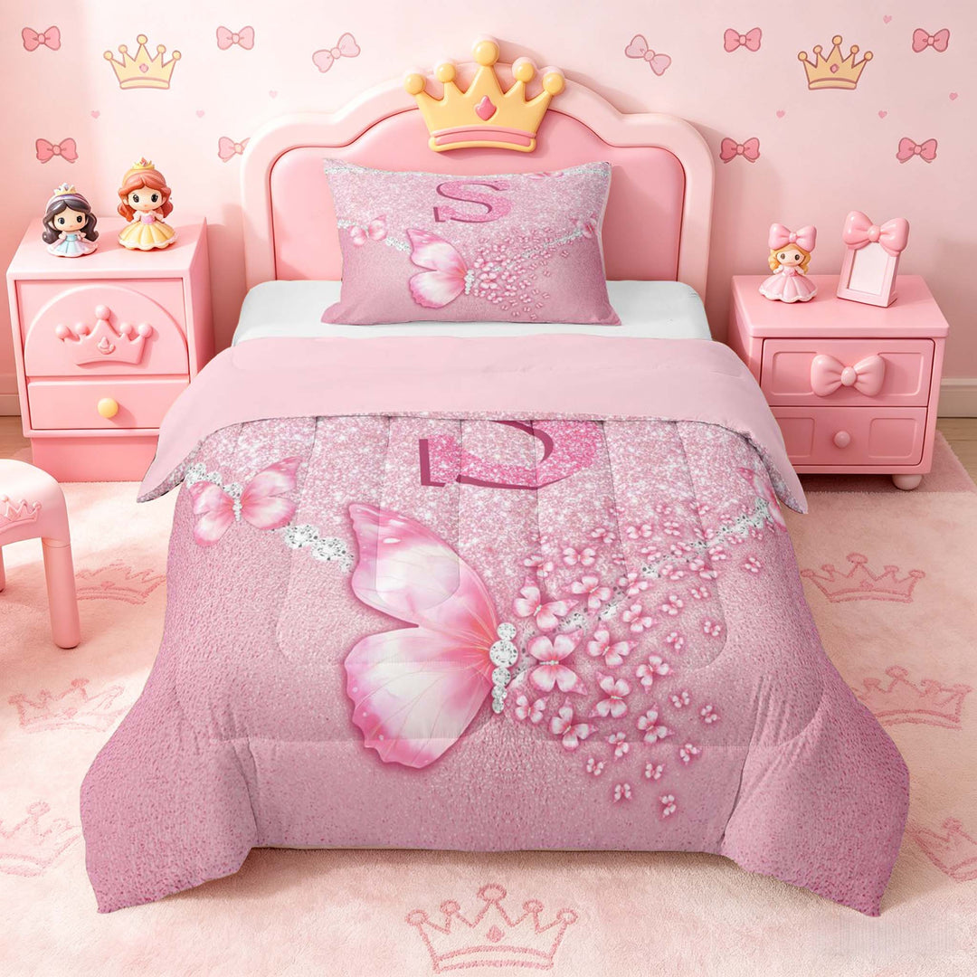 meiyoeat Pink Glitter Butterfly Monogrammed S Full Size Comforter Sets for Girls, Sparkle Floral Initial Letter Bedding Sets, Pink Reversible 3 Pieces, 1 Comforter and 2 Pillowcases