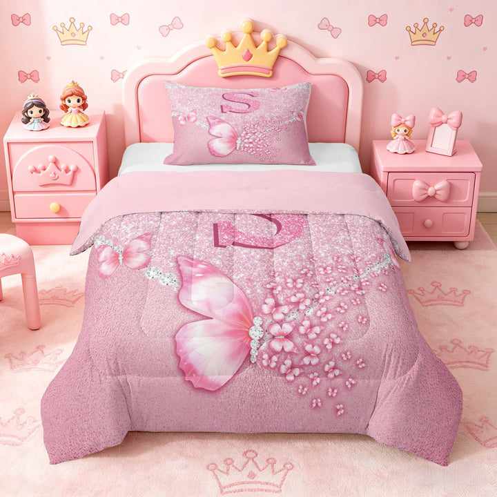 meiyoeat Pink Glitter Butterfly Monogrammed S Full Size Comforter Sets for Girls, Sparkle Floral Initial Letter Bedding Sets, Pink Reversible 3 Pieces, 1 Comforter and 2 Pillowcases