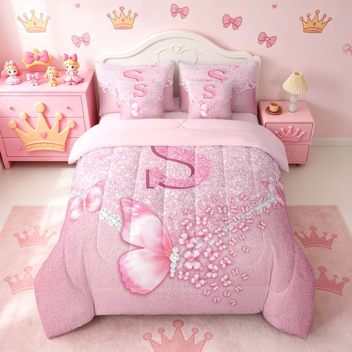 meiyoeat Pink Glitter Butterfly Monogrammed S Bedding Comforter Set for Girls, Sparkle Floral Initial Letter Full Bedding Set, Pink Reversible 7 Pieces