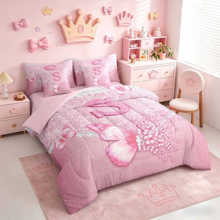 meiyoeat Pink Glitter Butterfly Monogrammed S Bedding Comforter Set for Girls, Sparkle Floral Initial Letter Full Bedding Set, Pink Reversible 7 Pieces