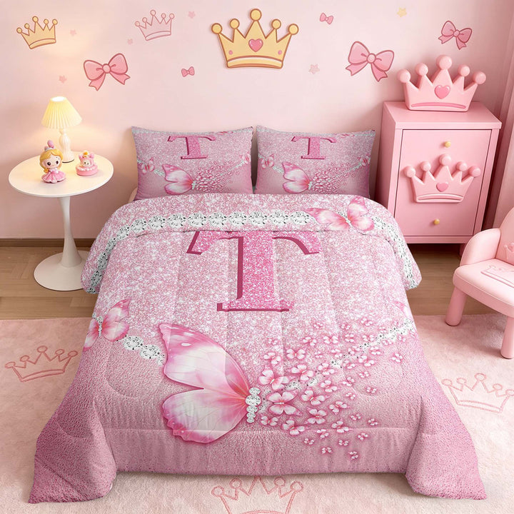 meiyoeat Pink Glitter Butterfly Monogrammed T Full Size Comforter Sets for Girls, Sparkle Floral Initial Letter Bedding Sets, Pink Reversible 3-Piece, 1 Comforter and 2 Pillowcases