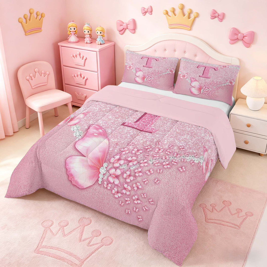 meiyoeat Pink Glitter Butterfly Monogrammed T Full Size Comforter Sets for Girls, Sparkle Floral Initial Letter Bedding Sets, Pink Reversible 3-Piece, 1 Comforter and 2 Pillowcases