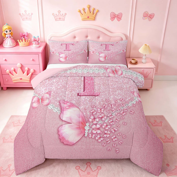 meiyoeat Pink Glitter Butterfly Monogrammed T Full Size Comforter Sets for Girls, Sparkle Floral Initial Letter Bedding Sets, Pink Reversible 3-Piece, 1 Comforter and 2 Pillowcases
