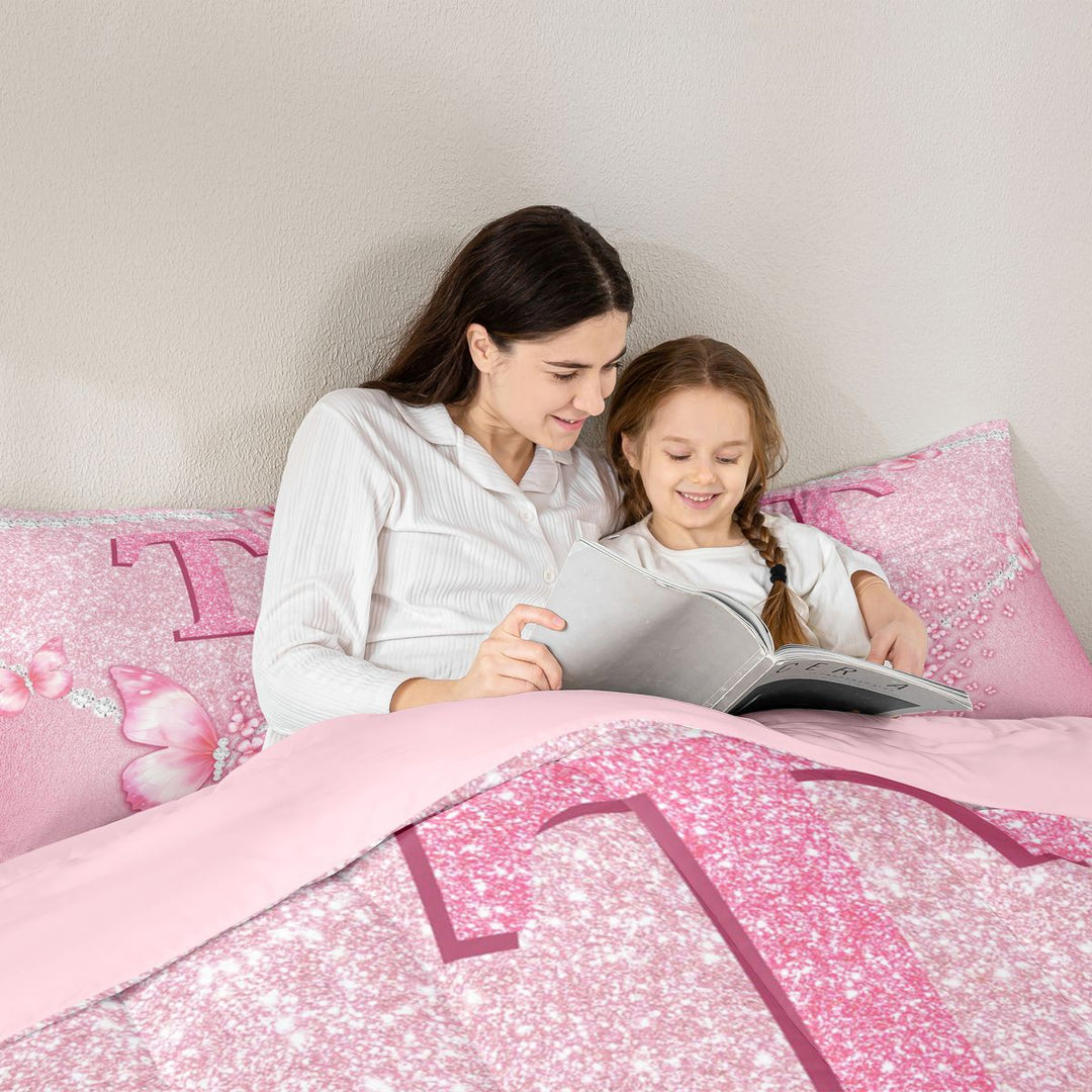 meiyoeat Pink Glitter Butterfly Monogrammed T Full Size Comforter Sets for Girls, Sparkle Floral Initial Letter Bedding Sets, Pink Reversible 3-Piece, 1 Comforter and 2 Pillowcases