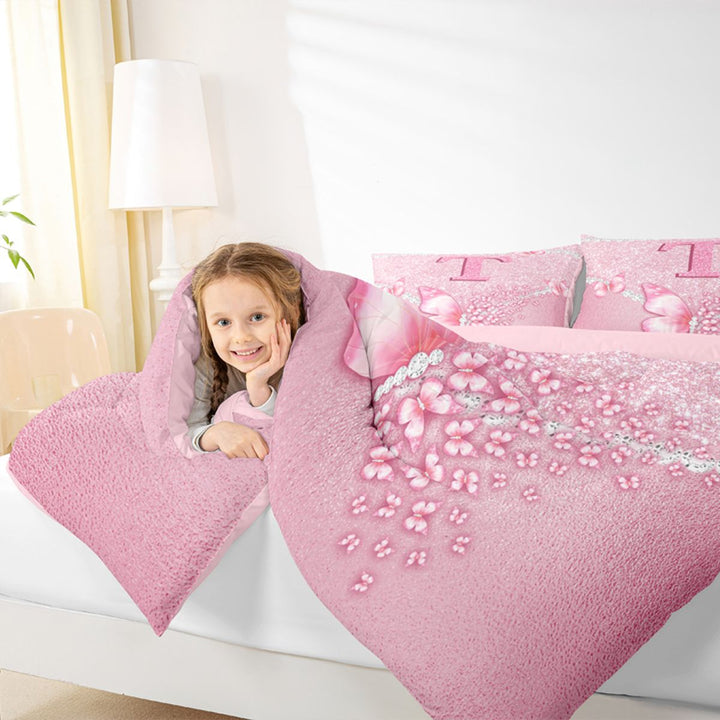 meiyoeat Pink Glitter Butterfly Monogrammed T Full Size Comforter Sets for Girls, Sparkle Floral Initial Letter Bedding Sets, Pink Reversible 3-Piece, 1 Comforter and 2 Pillowcases