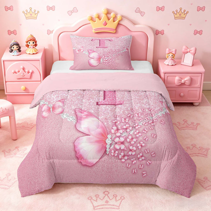 meiyoeat Pink Glitter Butterfly Monogrammed T Full Size Comforter Sets for Girls, Sparkle Floral Initial Letter Bedding Sets, Pink Reversible 3-Piece, 1 Comforter and 2 Pillowcases