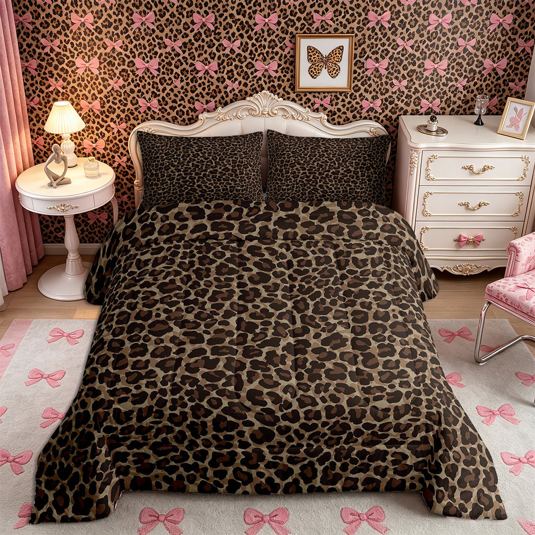 Meiyoeat Classic Leopard Print King Size Comforter Sets 3pcs, Wild Animal Spot Pattern Comforters King Size, Brown Black,Black Reversible