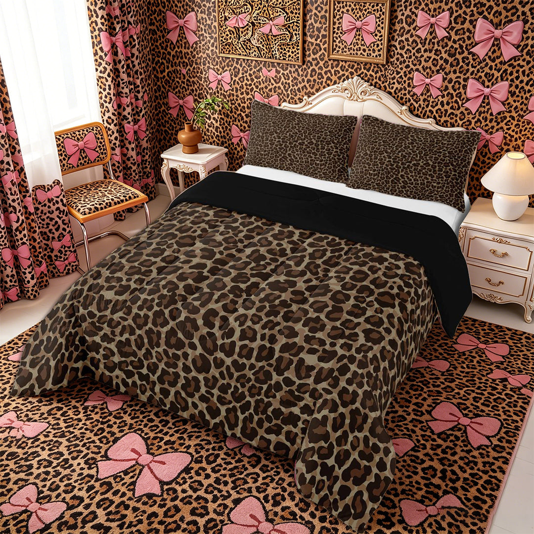 Meiyoeat Classic Leopard Print King Size Comforter Sets 3pcs, Wild Animal Spot Pattern Comforters King Size, Brown Black,Black Reversible