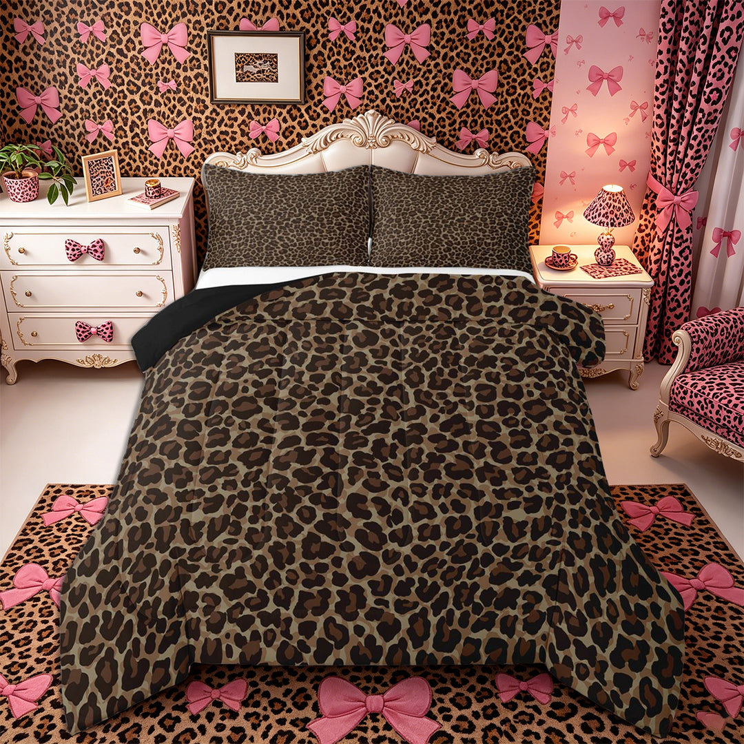 Meiyoeat Classic Leopard Print King Size Comforter Sets 3pcs, Wild Animal Spot Pattern Comforters King Size, Brown Black,Black Reversible