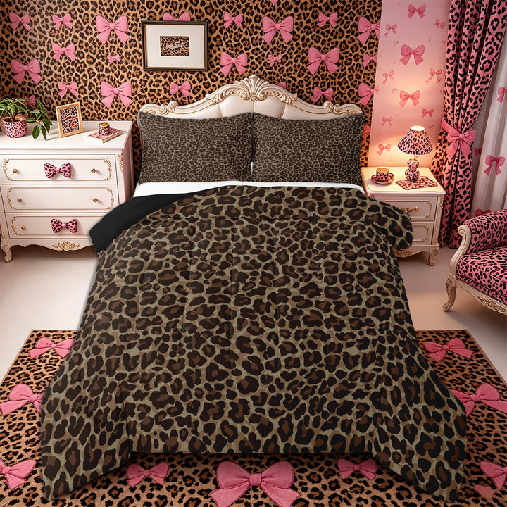 Meiyoeat Classic Leopard Print King Size Comforter Sets 3pcs, Wild Animal Spot Pattern Comforters King Size, Brown Black,Black Reversible
